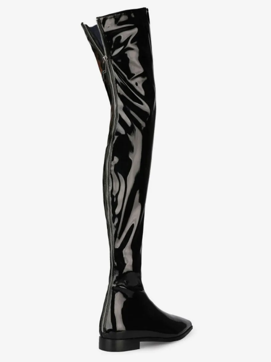 Cuissardes Cuissardes Femmes Cuir Brillant Noir Bout Pointu Cuissardes Plates