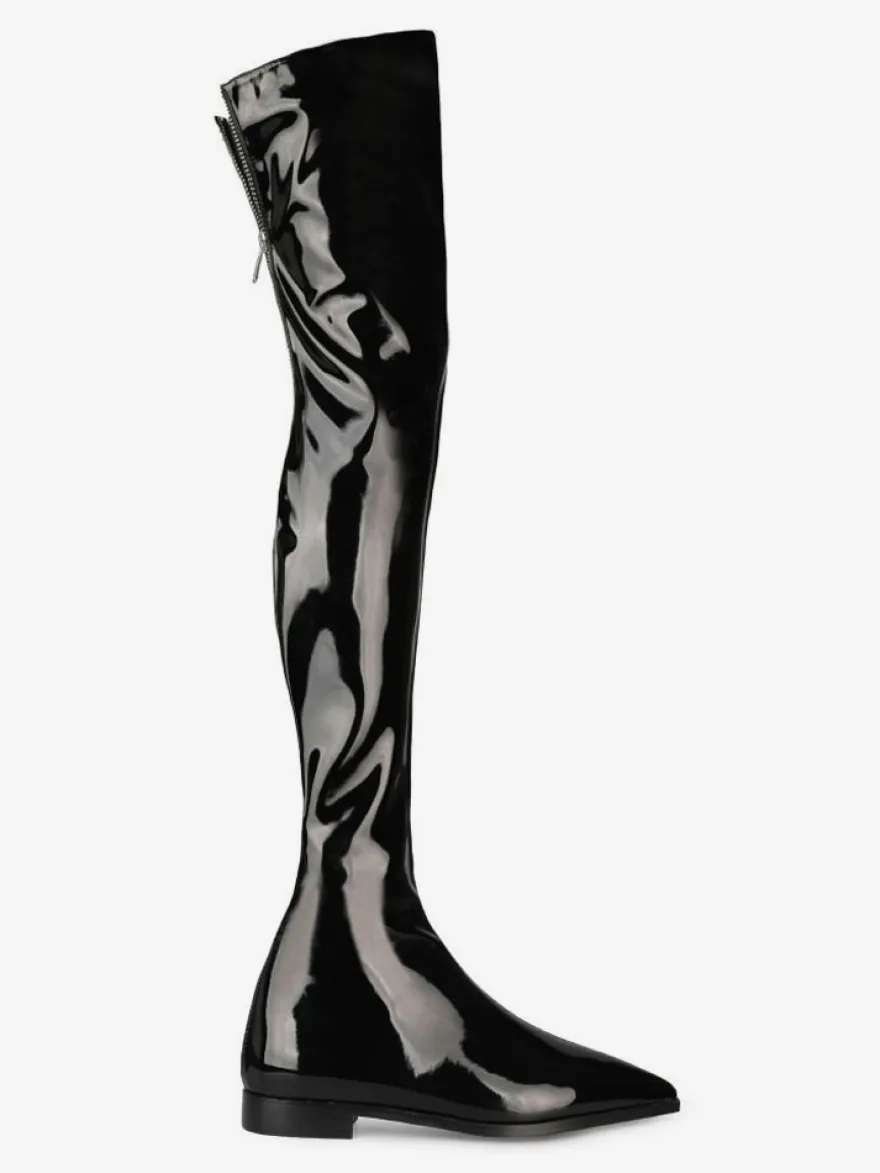 Cuissardes Cuissardes Femmes Cuir Brillant Noir Bout Pointu Cuissardes Plates