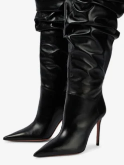 Cuissardes Femmes Chaussures Sexy Plissées Talon Haut Aiguille Bottes En Cuir PU