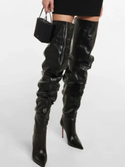 Cuissardes Femmes Chaussures Sexy Plissées Talon Haut Aiguille Bottes En Cuir PU