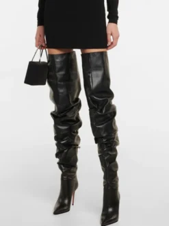 Cuissardes Femmes Chaussures Sexy Plissées Talon Haut Aiguille Bottes En Cuir PU