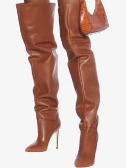Cuissardes Femmes Chaussures Sexy Plissées Talon Haut Aiguille Bottes En Cuir PU