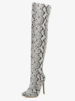 Cuissardes Femme Serpent Imprimé Bout Pointu Talon Aiguille Cuissardes