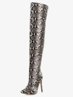 Cuissardes Femme Serpent Imprimé Bout Pointu Talon Aiguille Cuissardes