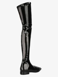 Cuissardes noires bout pointu en cuir brillant avant zip bottes d'hiver femmes cuissardes