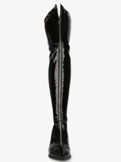 Cuissardes noires bout pointu en cuir brillant avant zip bottes d'hiver femmes cuissardes