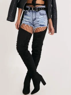 Cuissardes noires Bout rond Boucle Micro Daim Cuissardes