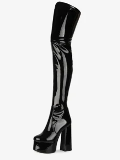 Cuissardes noires bout rond talon épais plateforme à talons hauts bottes d'hiver en cuir brillant pour femmes