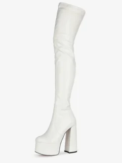 Cuissardes noires bout rond talon épais plateforme à talons hauts bottes d'hiver en cuir brillant pour femmes