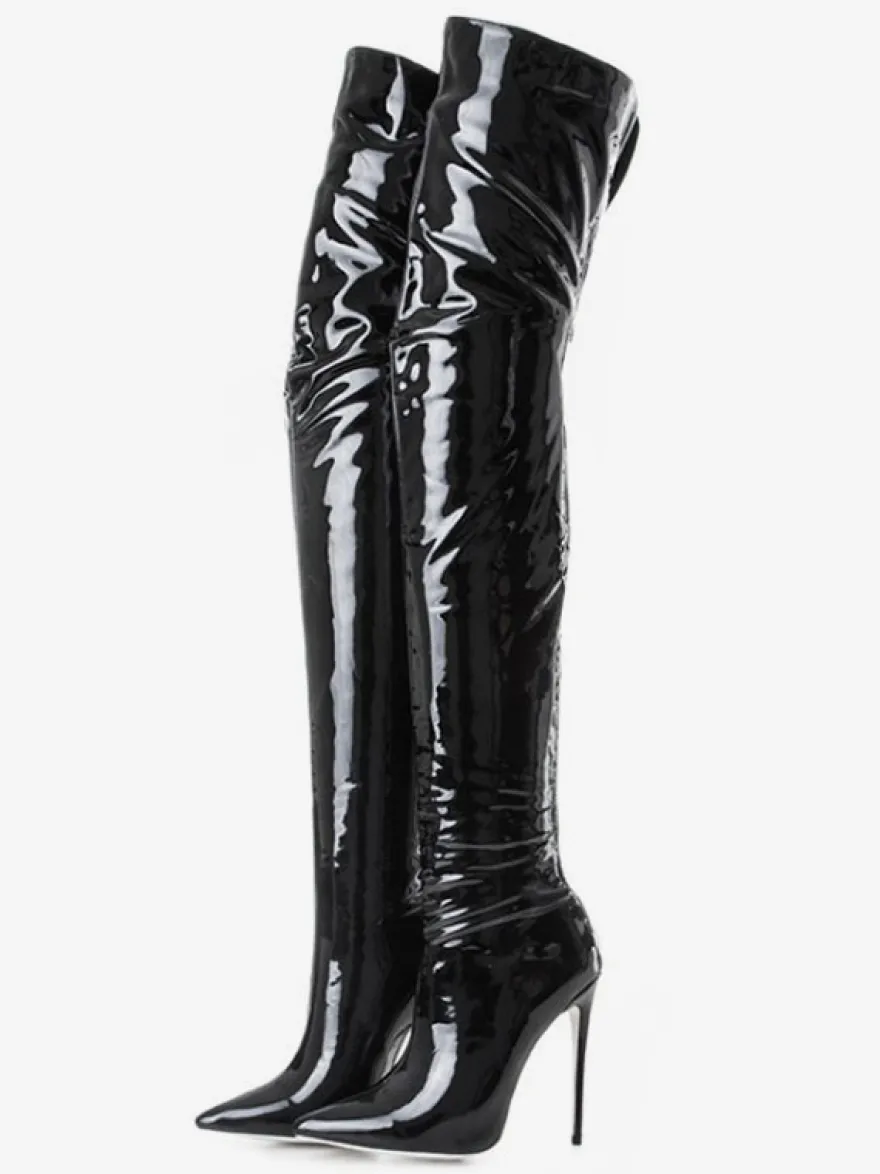 Cuissardes noires pour femmes en cuir verni brillant à bout pointu et talon aiguille au-dessus du genou