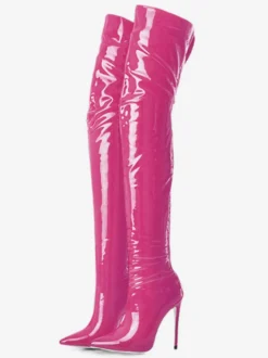 Cuissardes noires pour femmes en cuir verni brillant à bout pointu et talon aiguille au-dessus du genou