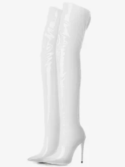Cuissardes noires pour femmes en cuir verni brillant à bout pointu et talon aiguille au-dessus du genou