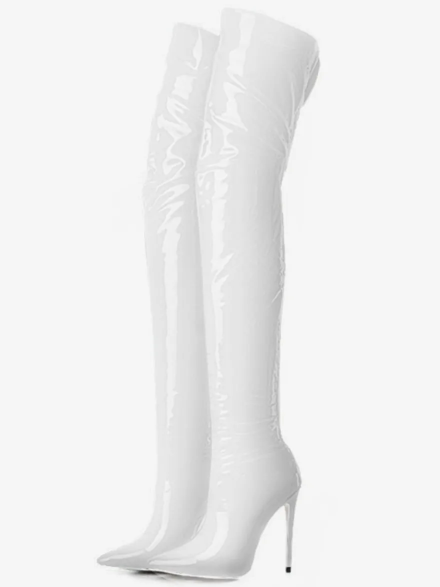 Cuissardes noires pour femmes en cuir verni brillant à bout pointu et talon aiguille au-dessus du genou