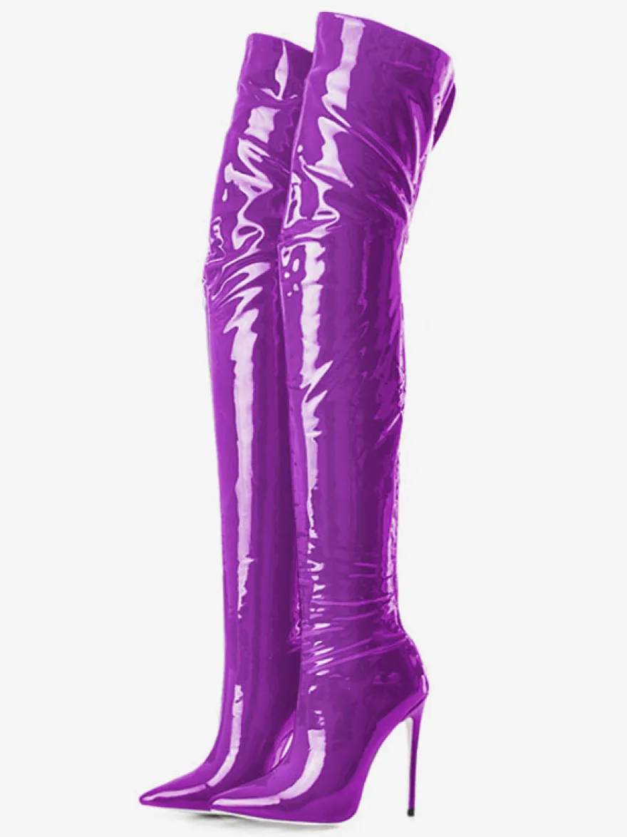 Cuissardes noires pour femmes en cuir verni brillant à bout pointu et talon aiguille au-dessus du genou