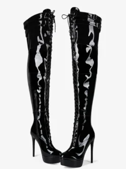 Cuissardes noires sexy à plateforme bout rond lacets talons hauts cuissardes