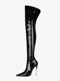 Cuissardes noires à talons hauts pour femmes en cuir brillant