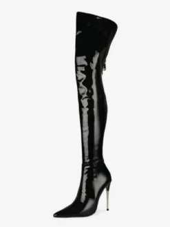 Cuissardes noires à talons hauts pour femmes en cuir brillant