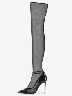 Cuissardes Noires Transparentes En PU Femmes Bout Pointu Bottes Hautes Talon Aiguille