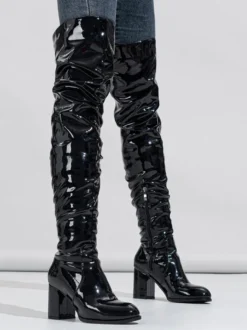 Cuissardes pour femmes bout rond talon épais sur les bottes au genou