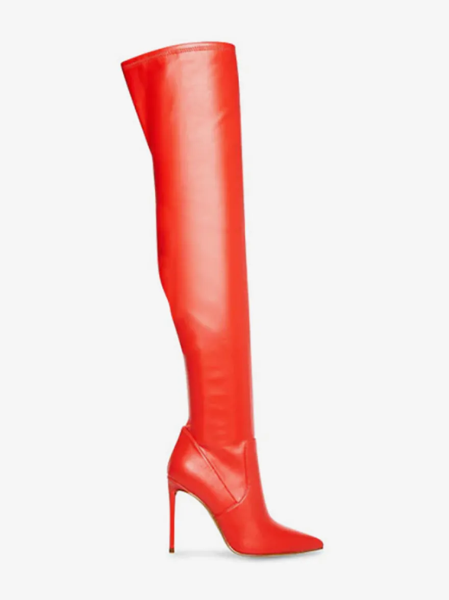 Cuissardes rouges à bout pointu et à talons hauts élastiques bottes au genou