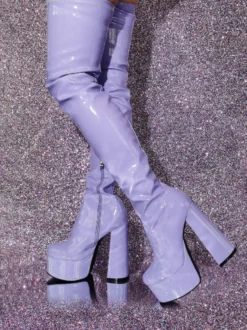Cuissardes sexy femmes bout rond talon épais plate-forme sur les bottes au genou