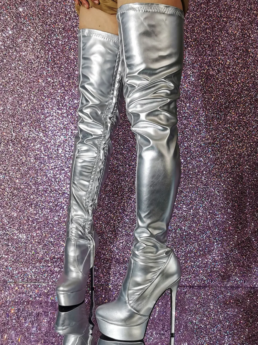 Cuissardes sexy pour femmes bout rond talon aiguille cuir PU