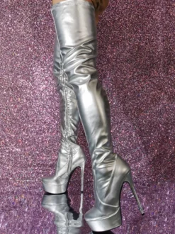Cuissardes sexy pour femmes bout rond talon aiguille cuir PU