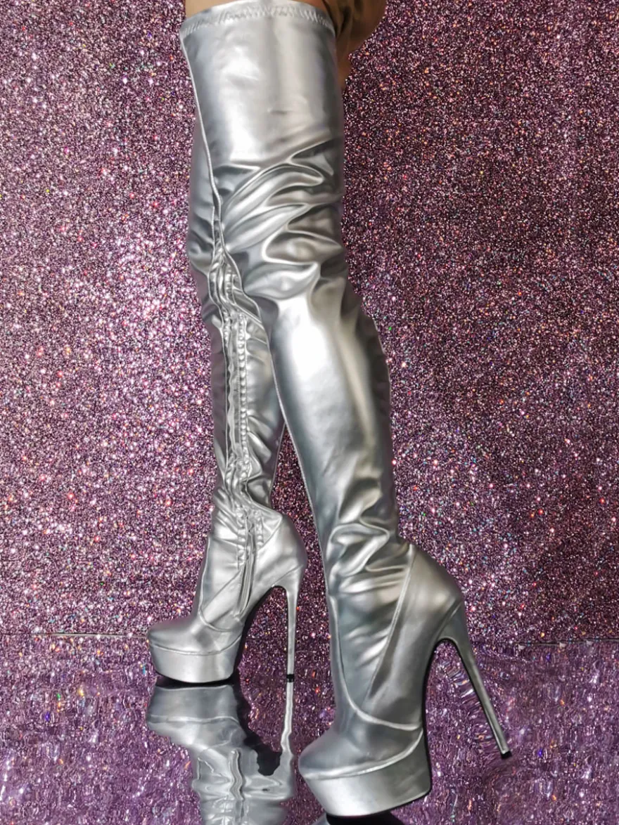 Cuissardes sexy pour femmes bout rond talon aiguille cuir PU