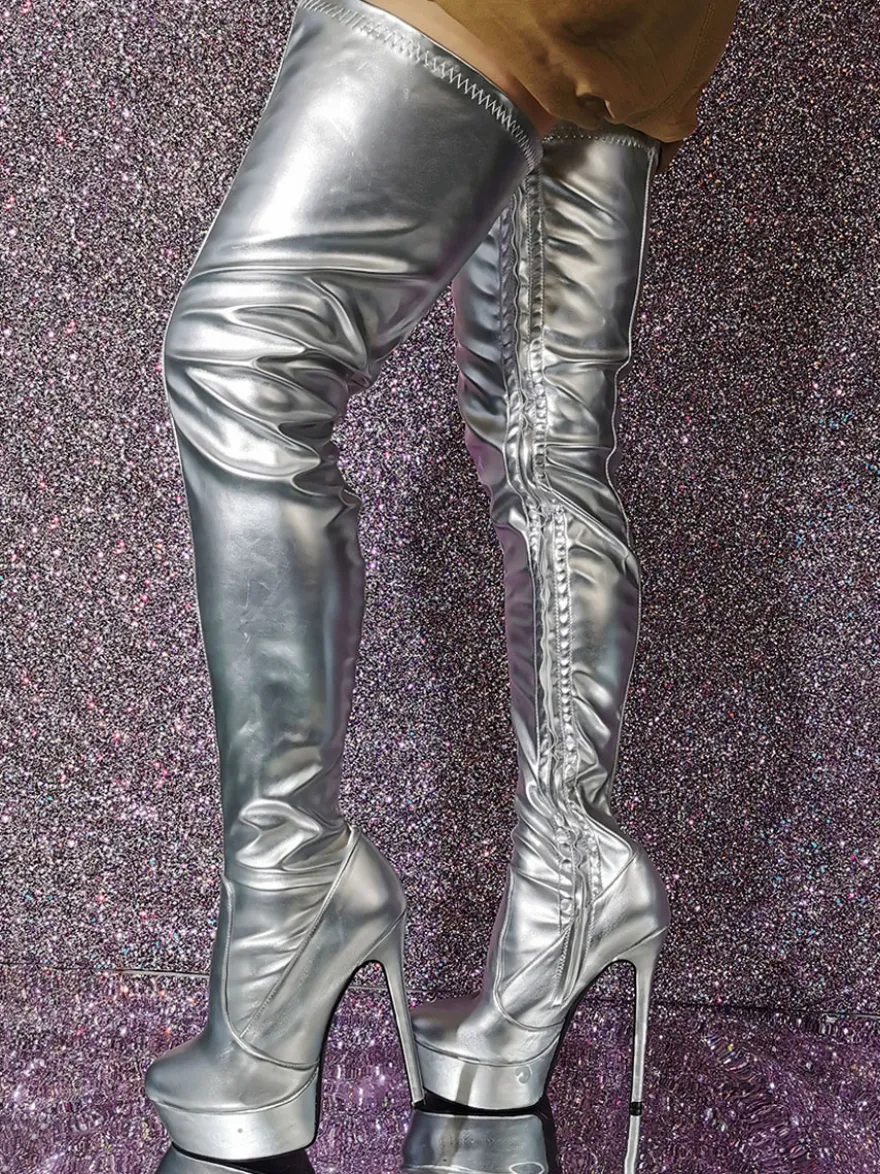 Cuissardes sexy pour femmes bout rond talon aiguille cuir PU