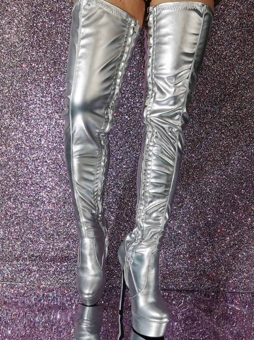 Cuissardes sexy pour femmes bout rond talon aiguille cuir PU