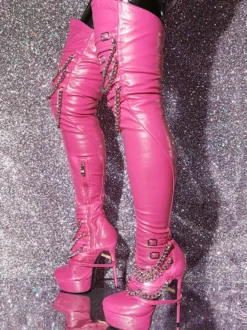 Cuissardes sexy pour femmes bout rond talon aiguille cuir PU