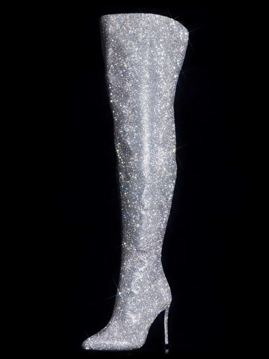 Cuissardes sexy à strass et bout pointu fermeture éclair talons hauts cuissardes