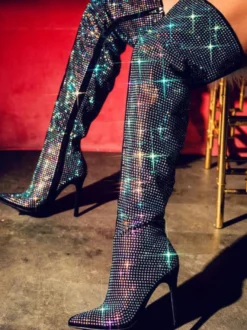 Cuissardes sexy à strass et bout pointu fermeture éclair talons hauts cuissardes