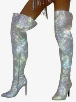 Cuissardes sexy à strass et bout pointu fermeture éclair talons hauts cuissardes