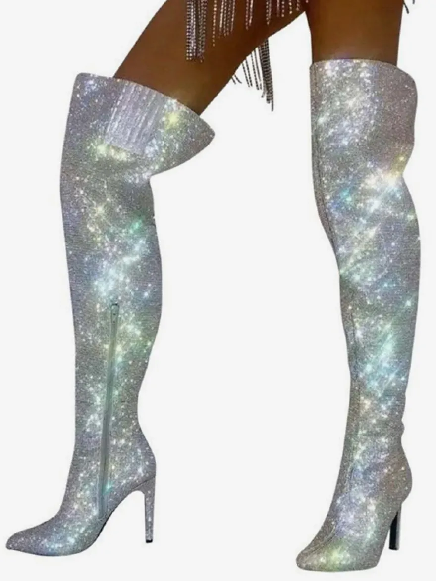 Cuissardes sexy à strass et bout pointu fermeture éclair talons hauts cuissardes