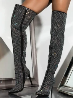 Cuissardes sexy à strass et bout pointu fermeture éclair talons hauts cuissardes