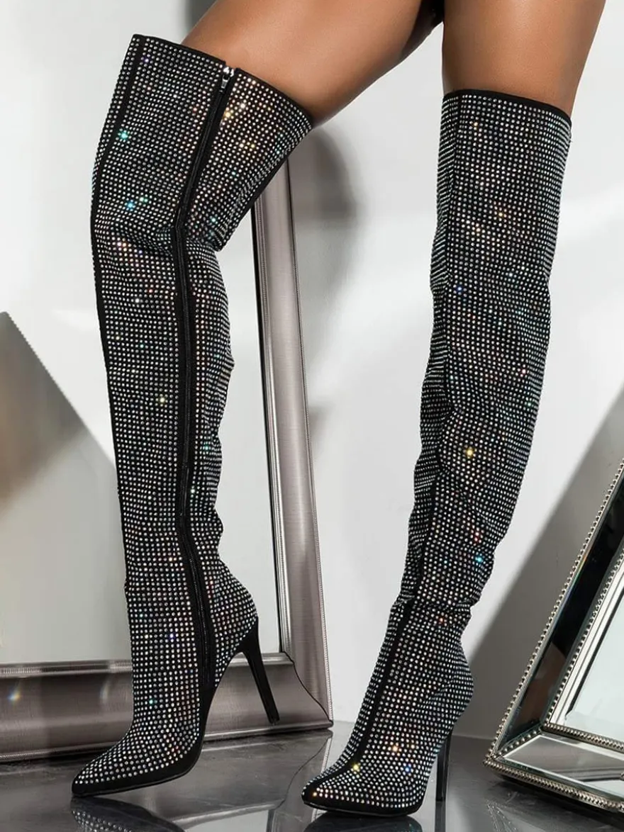 Cuissardes sexy à strass et bout pointu fermeture éclair talons hauts cuissardes
