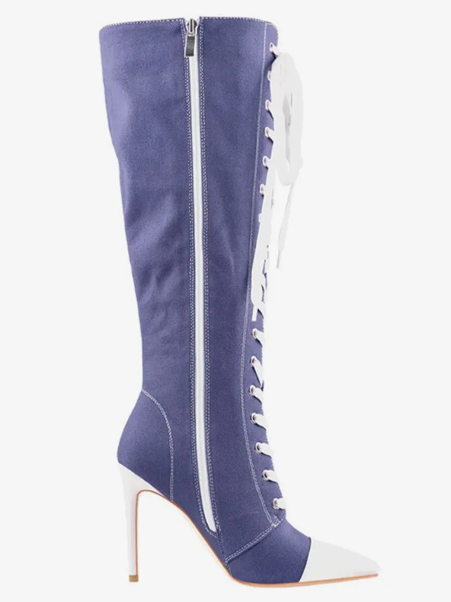 Cuissardes Style Sport De Grande Taille À Lacets À Bout Pointu Bottes À Talons Hauts