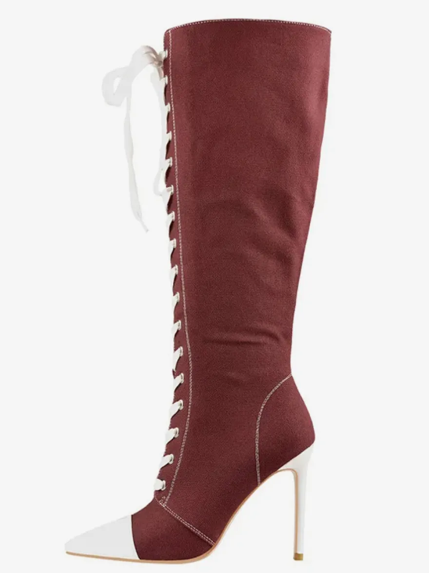 Cuissardes Style Sport De Grande Taille À Lacets À Bout Pointu Bottes À Talons Hauts