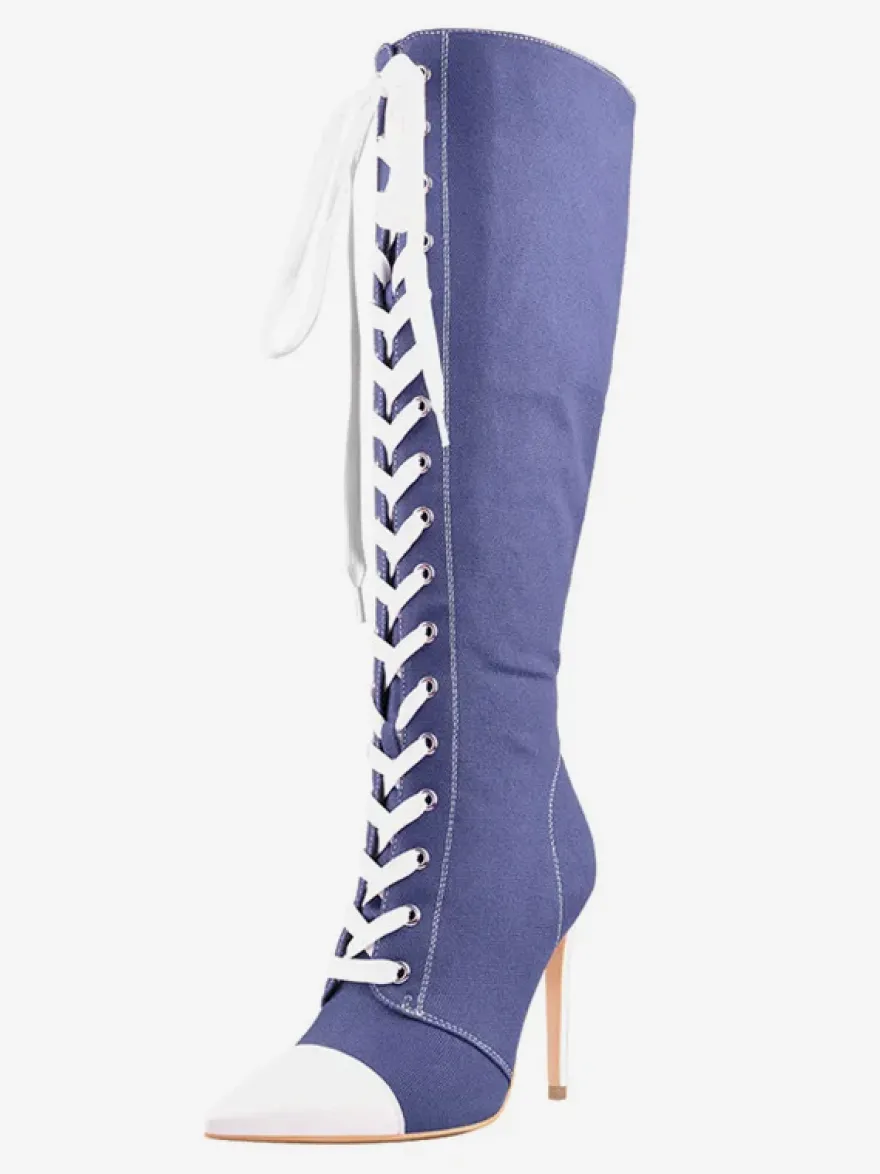Cuissardes Style Sport De Grande Taille À Lacets À Bout Pointu Bottes À Talons Hauts