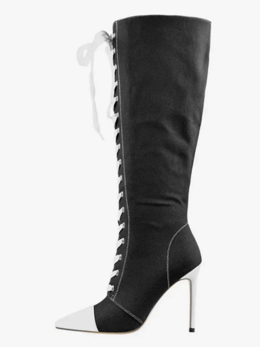 Cuissardes Style Sport De Grande Taille À Lacets À Bout Pointu Bottes À Talons Hauts