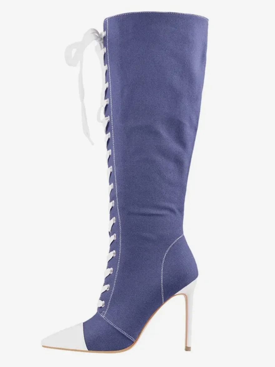 Cuissardes Style Sport De Grande Taille À Lacets À Bout Pointu Bottes À Talons Hauts