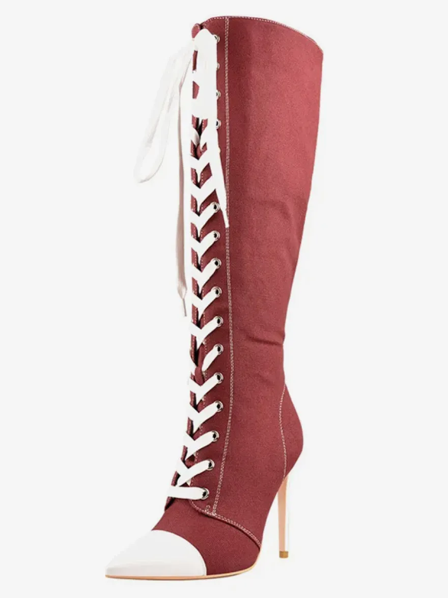Cuissardes Style Sport De Grande Taille À Lacets À Bout Pointu Bottes À Talons Hauts