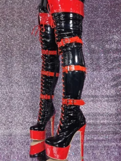 Cuissardes Talon Aiguille Chaussures Femme Sexy Noir Rouge À Lacet