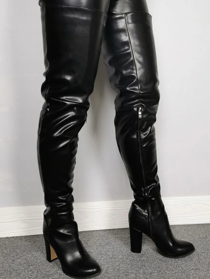 Cuissardes Talons Hautes Sexy Femmes Hivers à Cuir Synthétique avec Bout Rond à Zip Unicolore Bottes Talons Hautes Sexy Hiver