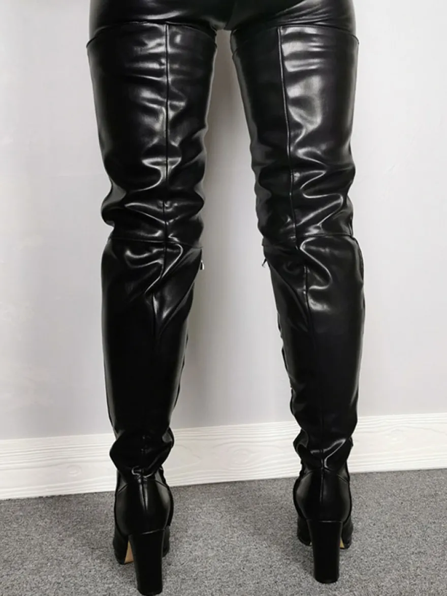 Cuissardes Talons Hautes Sexy Femmes Hivers à Cuir Synthétique avec Bout Rond à Zip Unicolore Bottes Talons Hautes Sexy Hiver