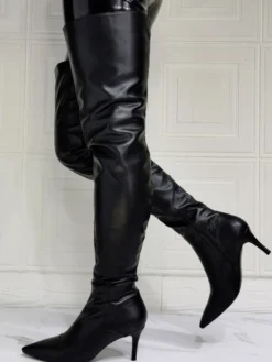 Cuissardes à Talons Hauts Femme avec Bout Pointu à Zip en Cuir Synthétique Unicolore