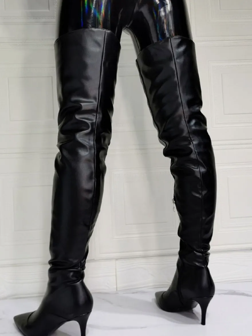 Cuissardes à Talons Hauts Femme avec Bout Pointu à Zip en Cuir Synthétique Unicolore