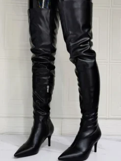 Cuissardes à Talons Hauts Femme avec Bout Pointu à Zip en Cuir Synthétique Unicolore