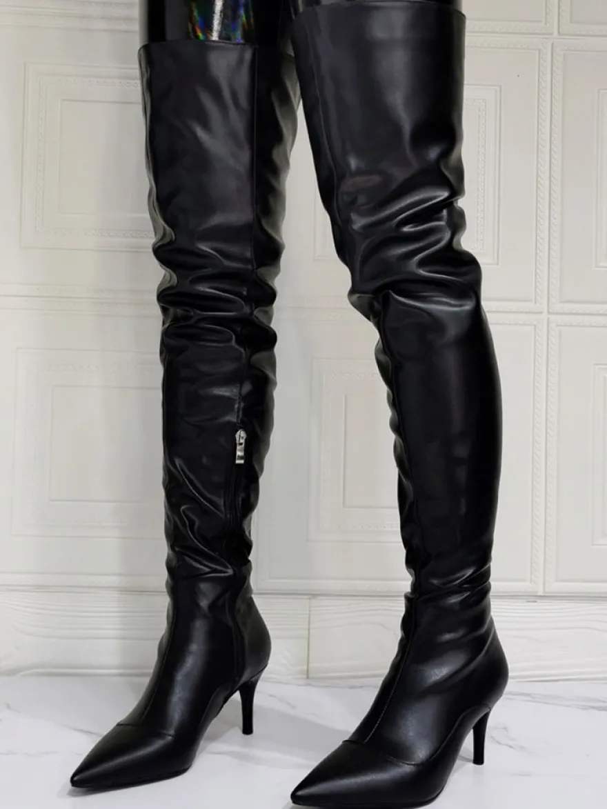 Cuissardes à Talons Hauts Femme avec Bout Pointu à Zip en Cuir Synthétique Unicolore